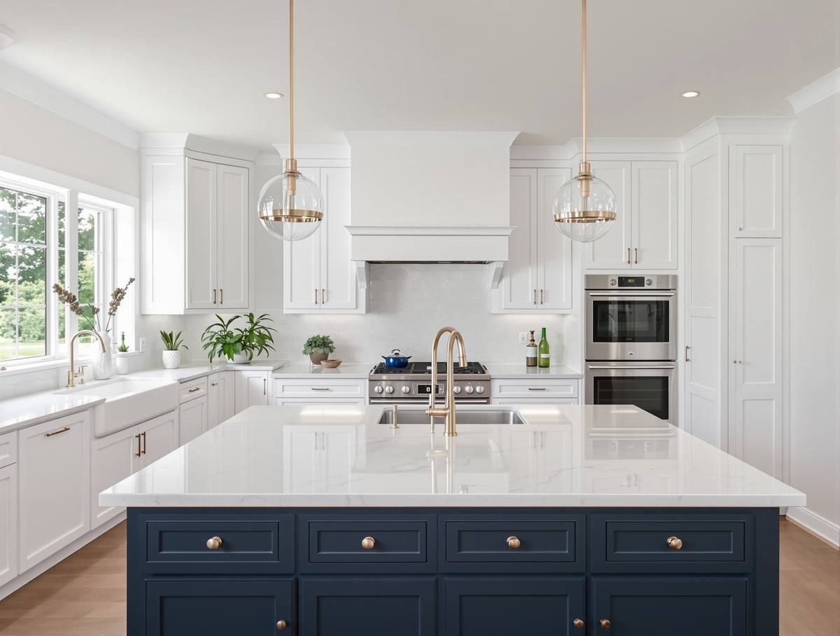 Renovated white kitchen with a large island