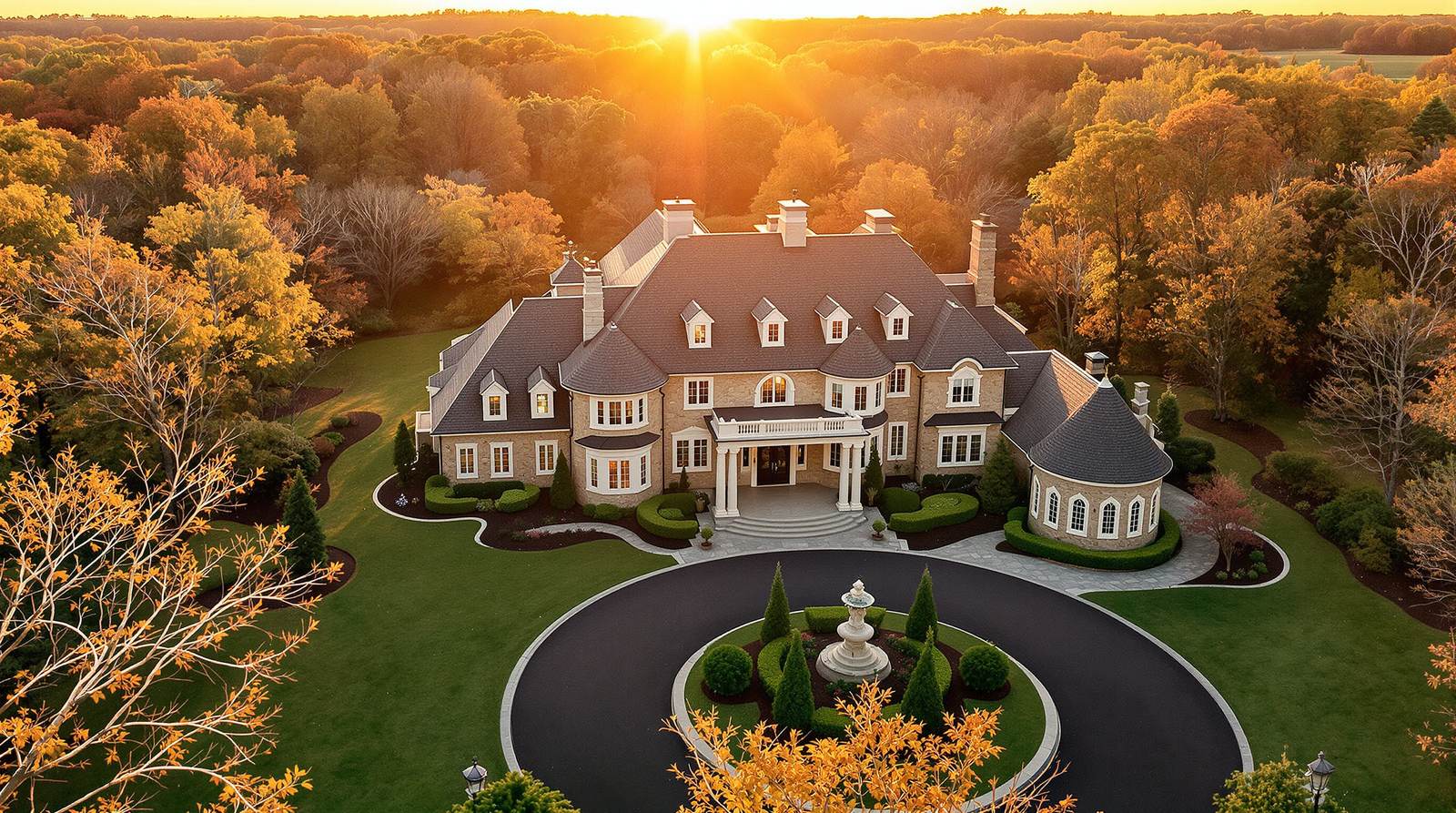 Aerial view of a stone estate home at golden hour
